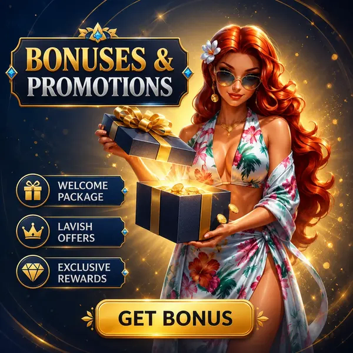 Elegant woman presenting bonus gift box at Gambloria Casino welcome lobby