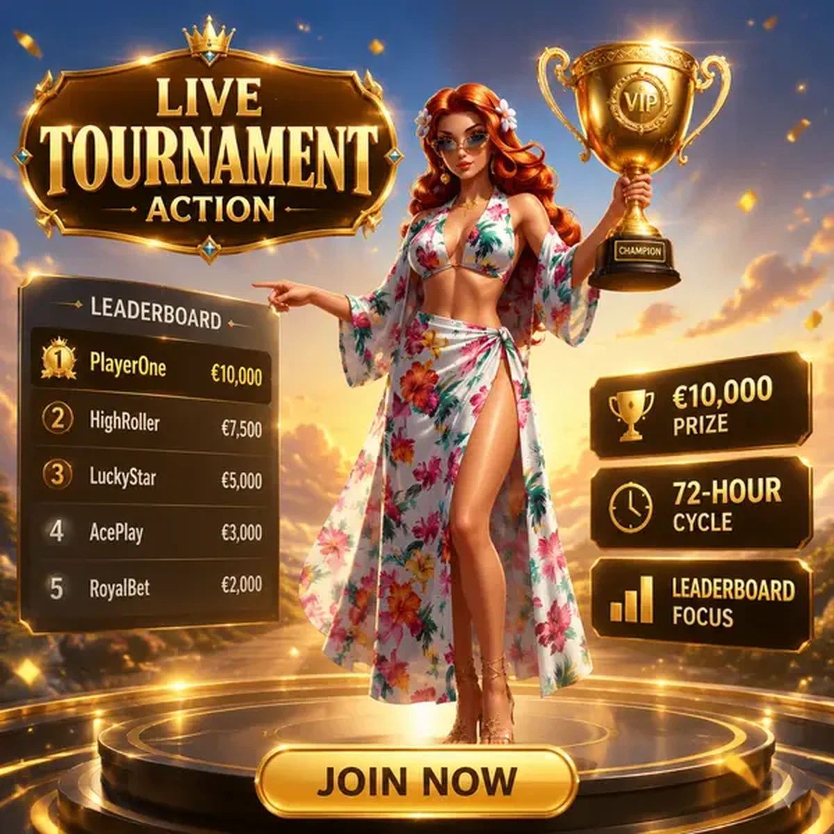VIP player presenting golden trophy at Gambloria live tournament leaderboard