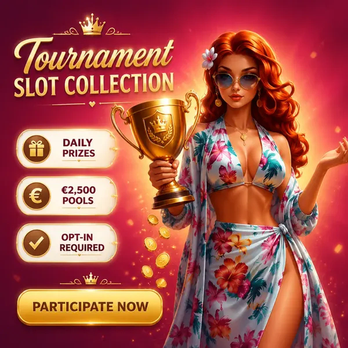 Elegant player presenting tournament trophy at Gambloria Casino pokies collection