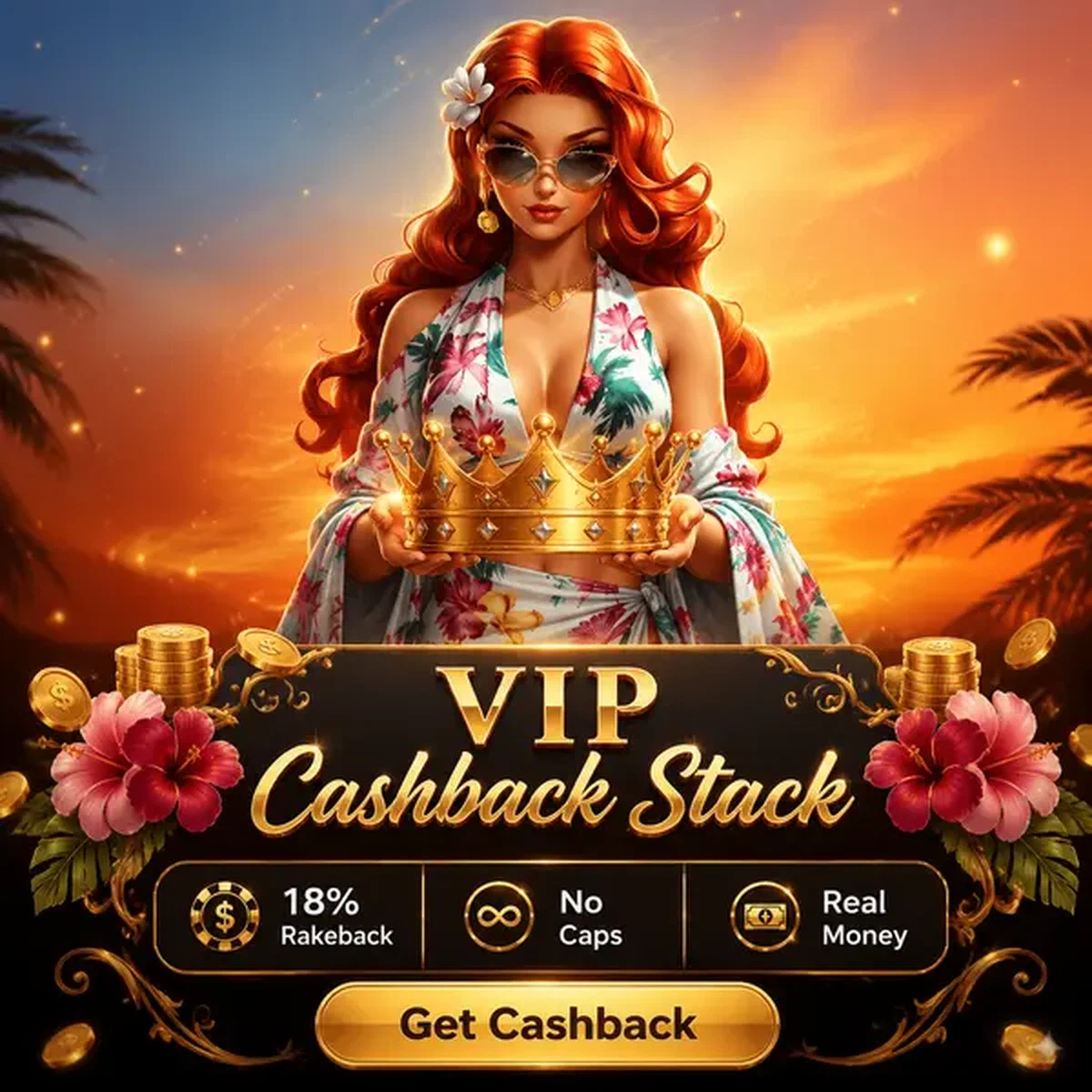 Elegant figure presenting golden crown at VIP Cashback Stack bonus showcase