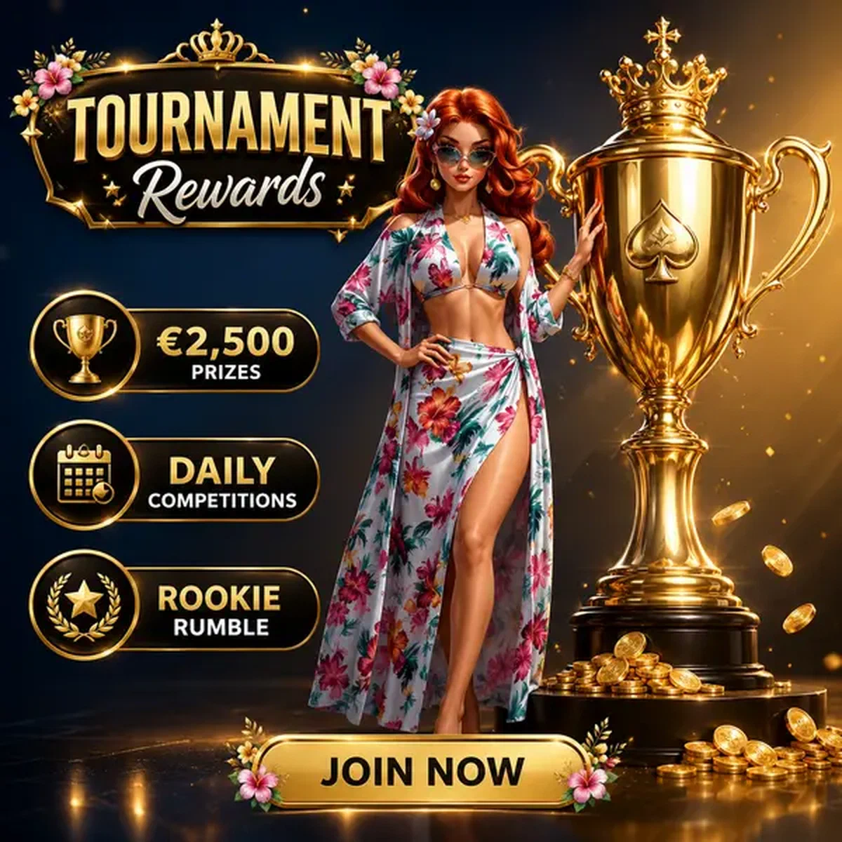 Tournament Rewards display at Tournament and Leaderboard Spin Rewards with golden trophy and free spins