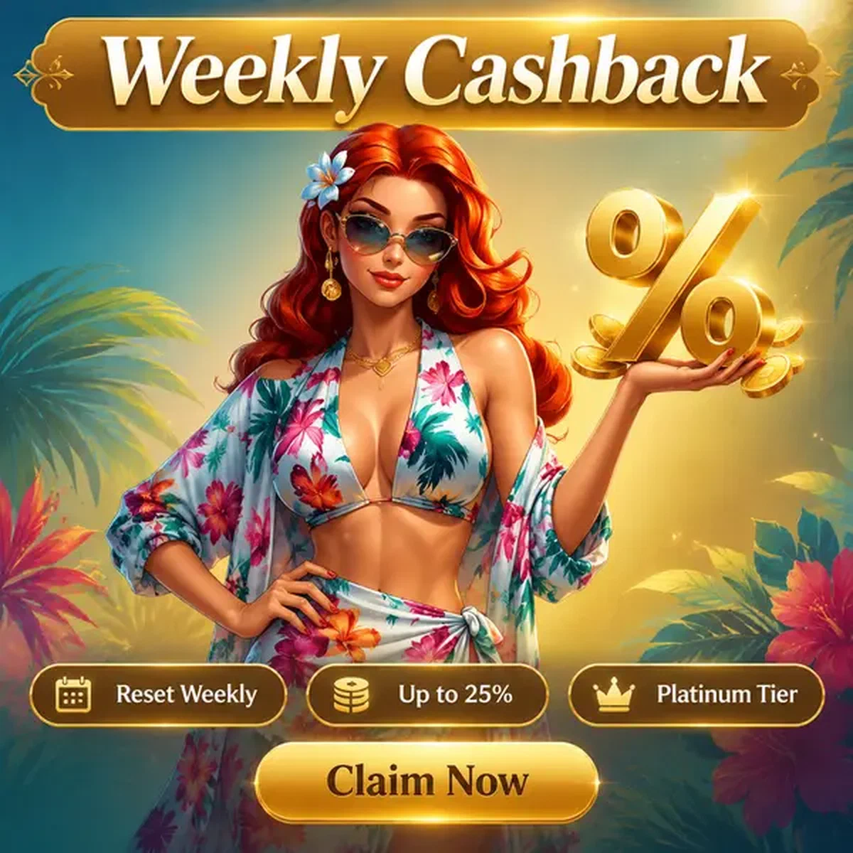 Glamorous VIP player showcasing weekly cashback bonus rewards at Weekly Cashback Rhythm and Claim Windows