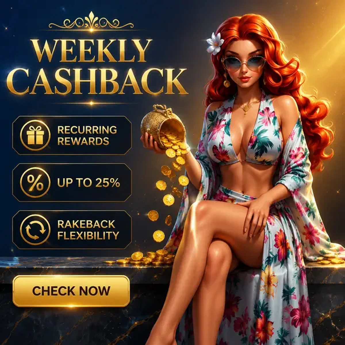 Elegant woman with gold purse full of cashback coins at Weekly Cashback and Rakeback Collection login portal