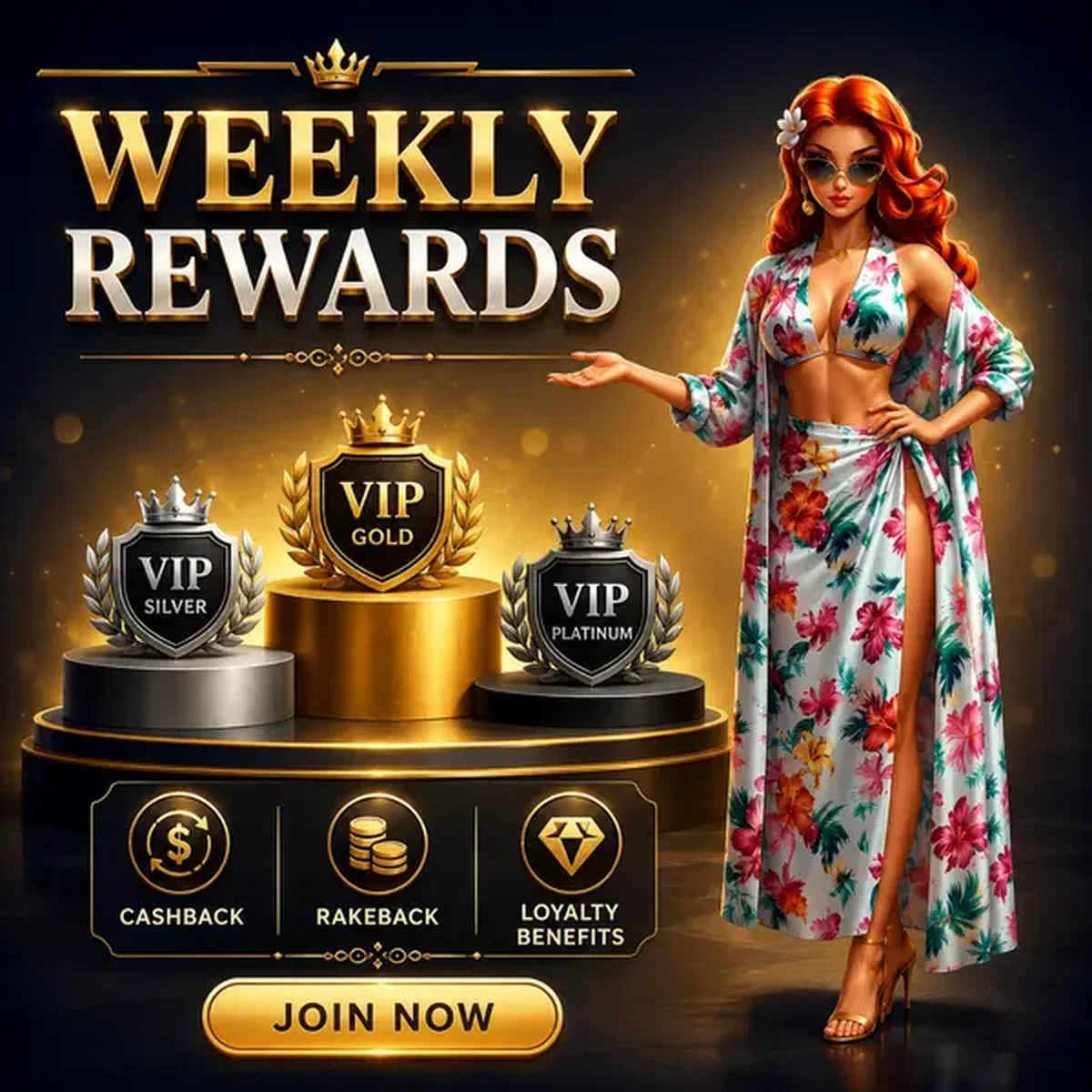 Glamorous VIP player presenting loyalty tier badges at Weekly Cashback and Rakeback Systems pokies hall