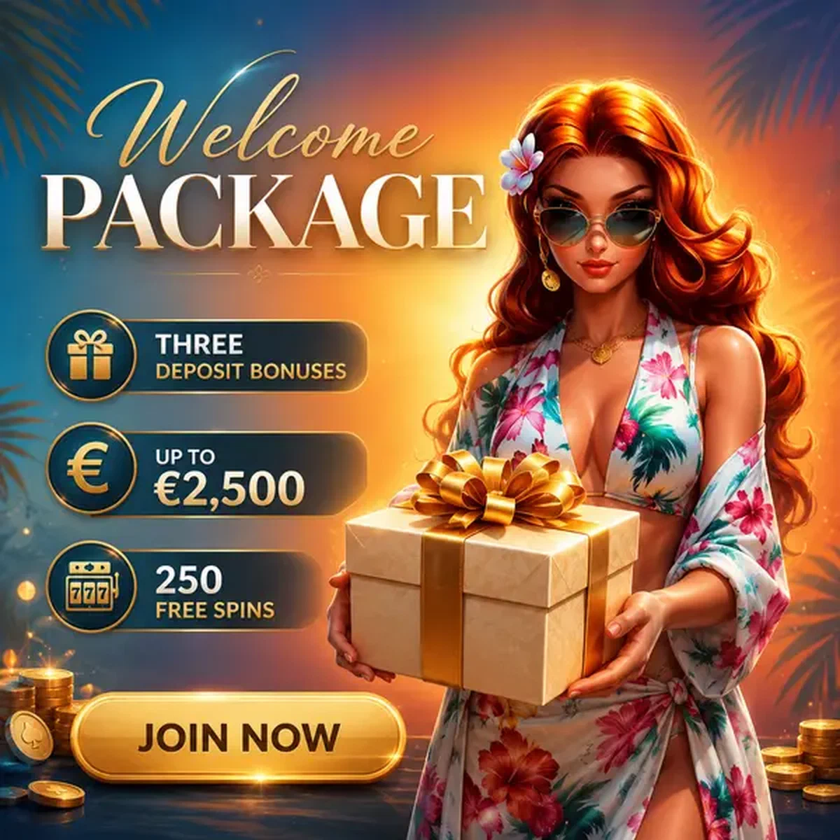 Glamorous VIP guide presenting Welcome Package gift box at exclusive signup portal