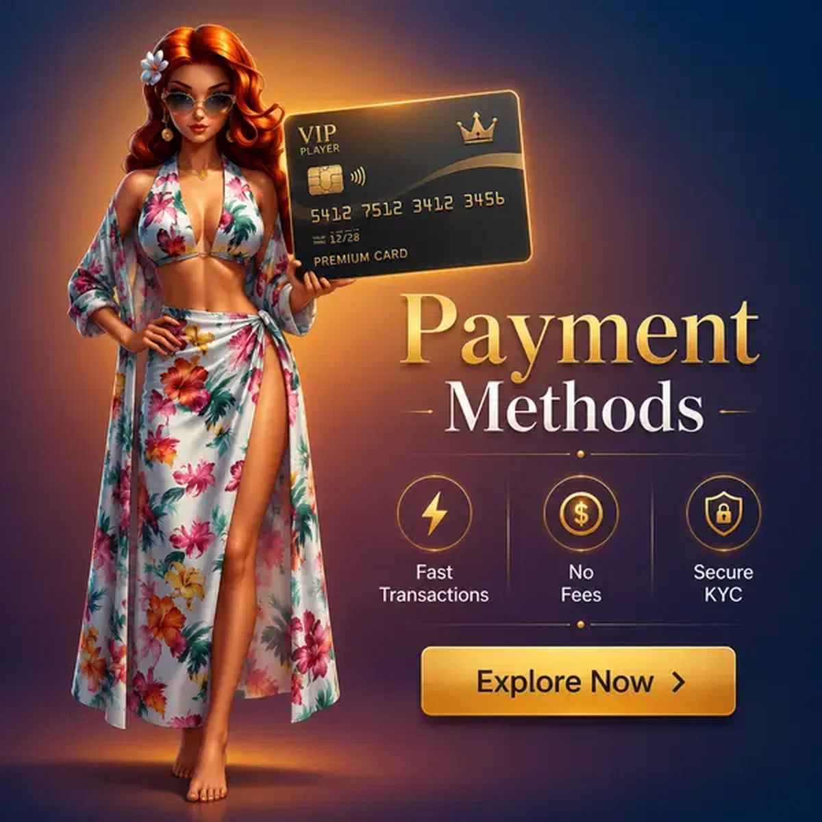 Stylish VIP player holding premium bank card at Gambloria payment methods counter