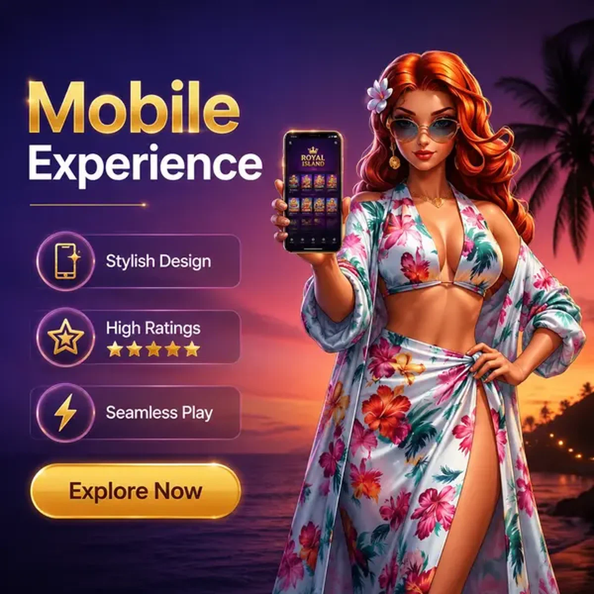 Personaje elegante presentando la app móvil de Gambloria con confianza contra gradiente de atardecer